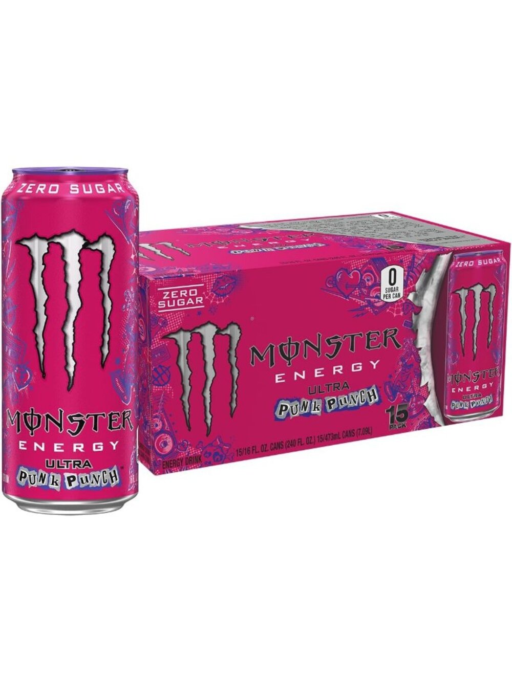 Sugar-Free Energy Drink, Ultra Punk Punch Flavor, 16oz Cans, Pack of 15